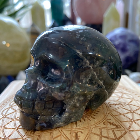 πSALEπMoss Agate Crystal Skull Carving With Stitches! - Picture 11 of 12